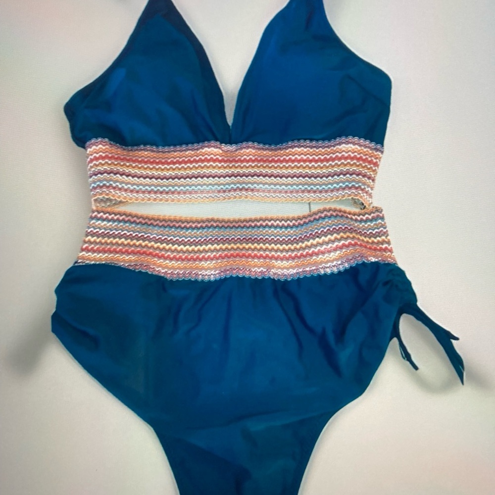 Blooming Jelly Bikini Women’s M Teal 2 Piece Swimsuit Colorful Zigzag Waistband